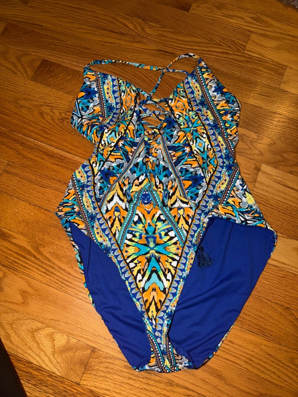 Blue Multi-Pattern One-Piece Swimsuit with Lace-Up Front